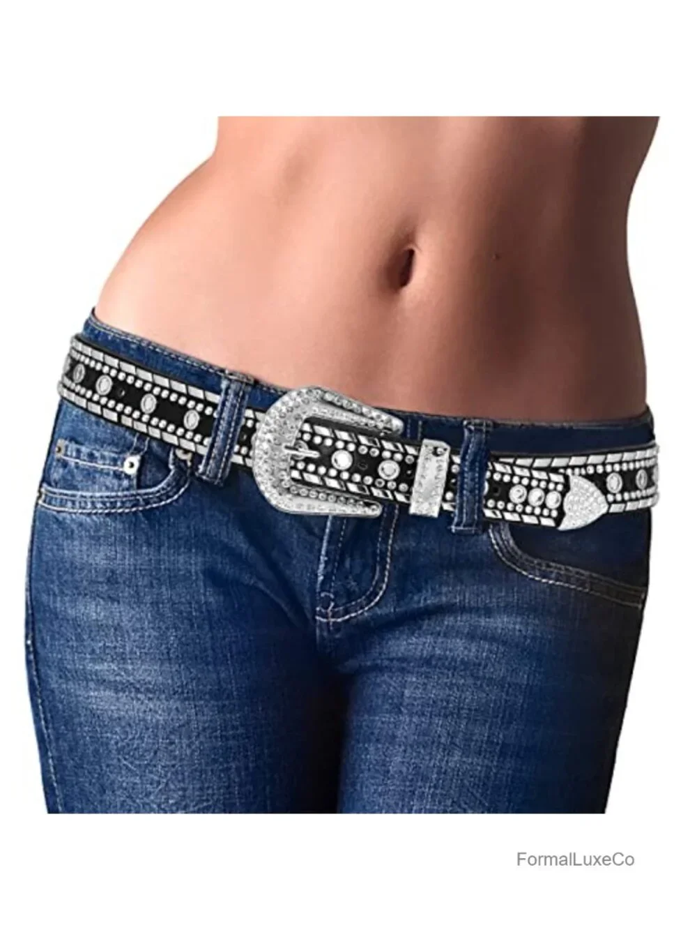 Genuine Leather Rhinestone Studded Belt for Jeans with Screw-Lock Buckle